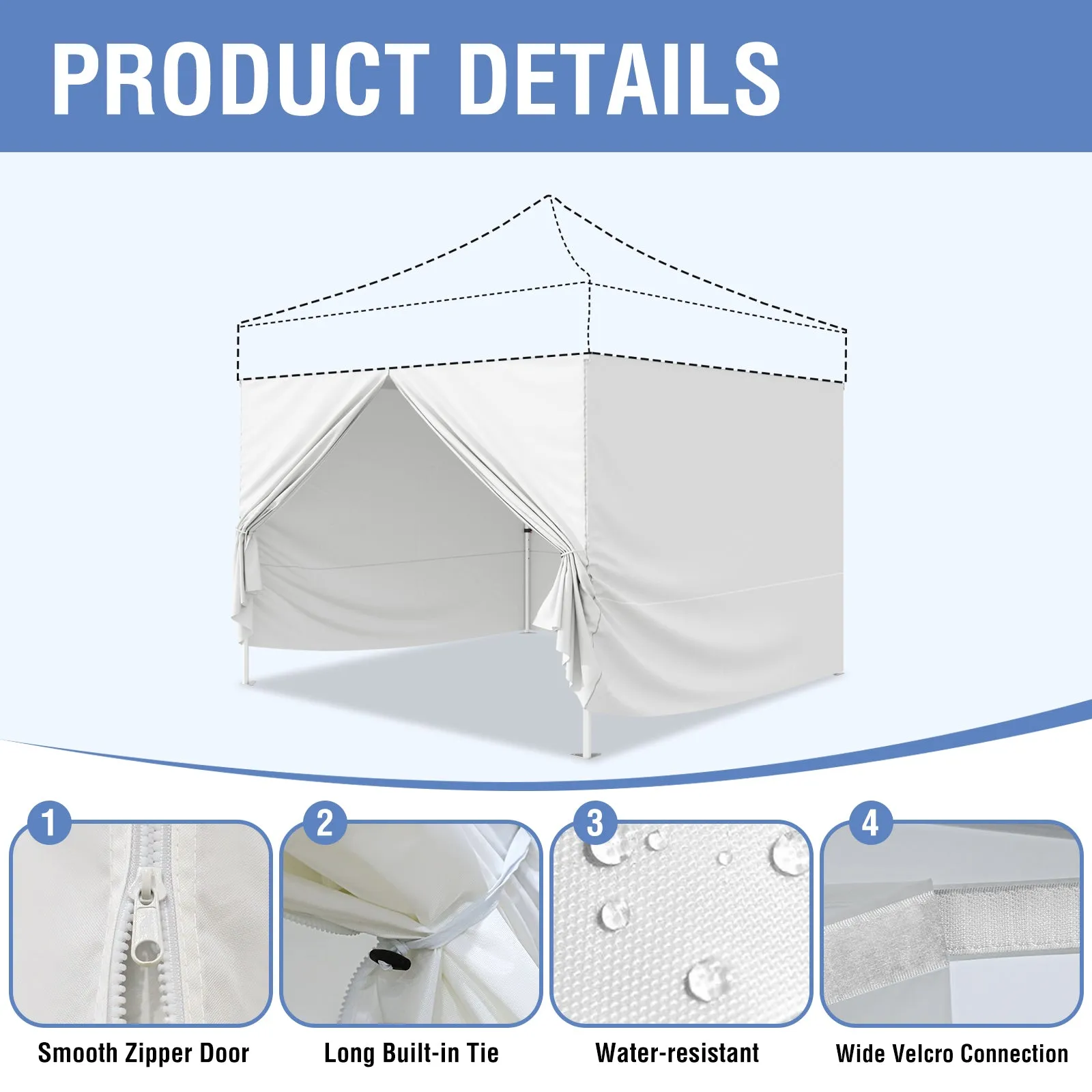 4-Piece Sunwall/Sidewalls for 10x10 ft Aluminum Custom Canopy Only, Includes 3 Sidewalls and 1 Entry Wall, Pack of 4, White