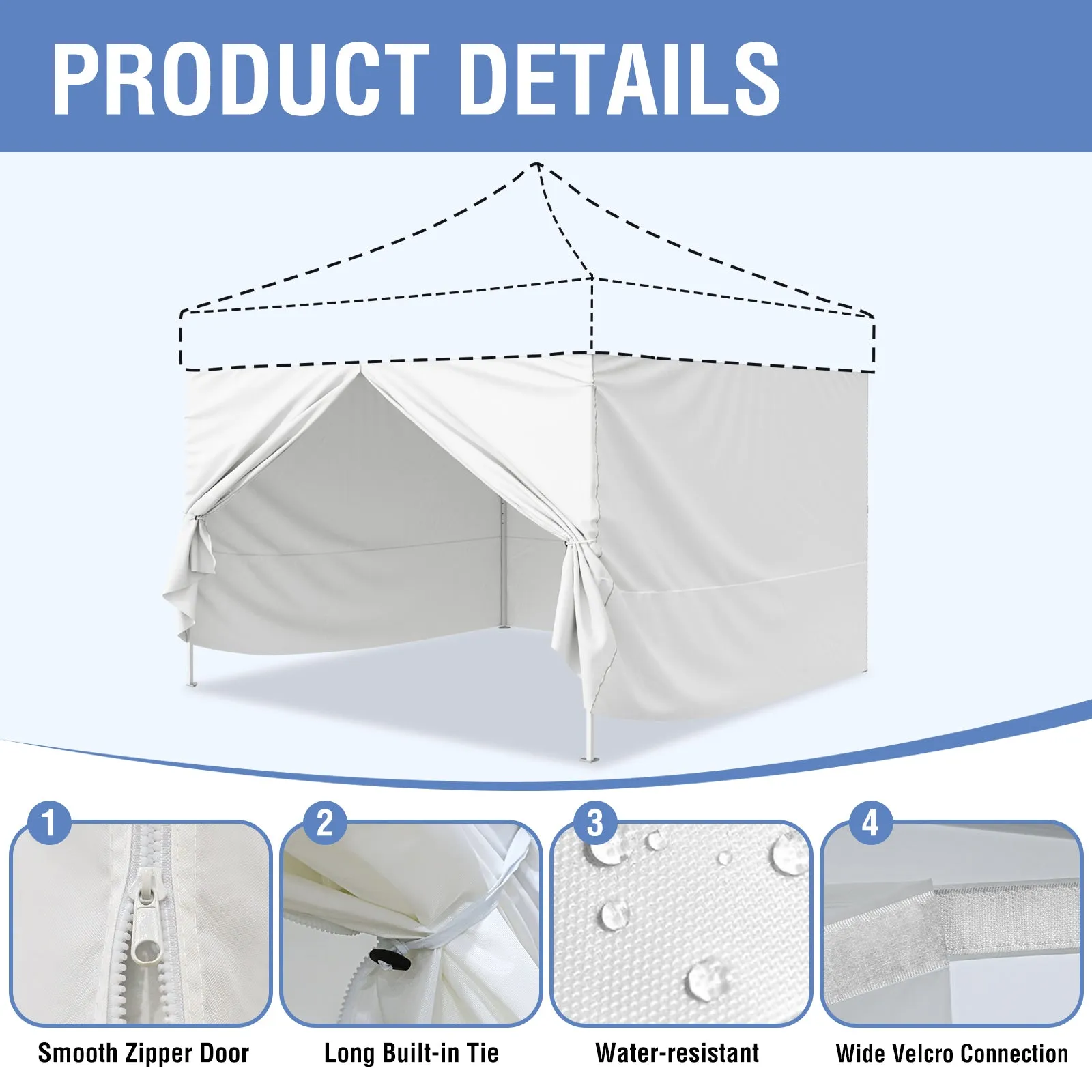 4-Piece Sunwall/Sidewalls for 10x10 ft Steel Commercial Custom Canopy Only,  Includes 3 Sidewalls and 1 Entry Wall, Pack of 4, White