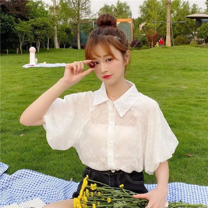 Kawaii Single-breasted Puff Sleeved Shirt